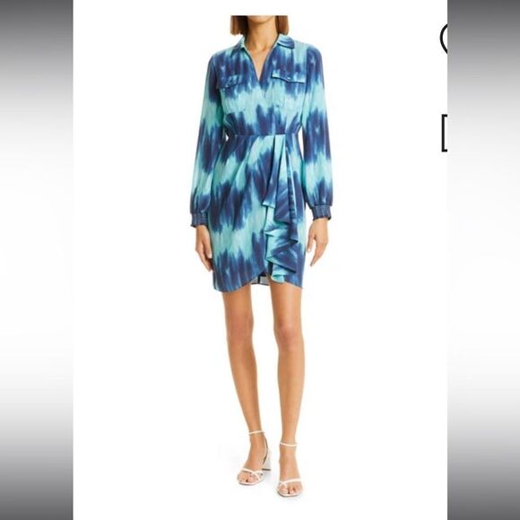 Toccin Tie Dye Wrap Front Long Sleeve Shirt Dress in Blue Size 0 NWT - Picture 1 of 11